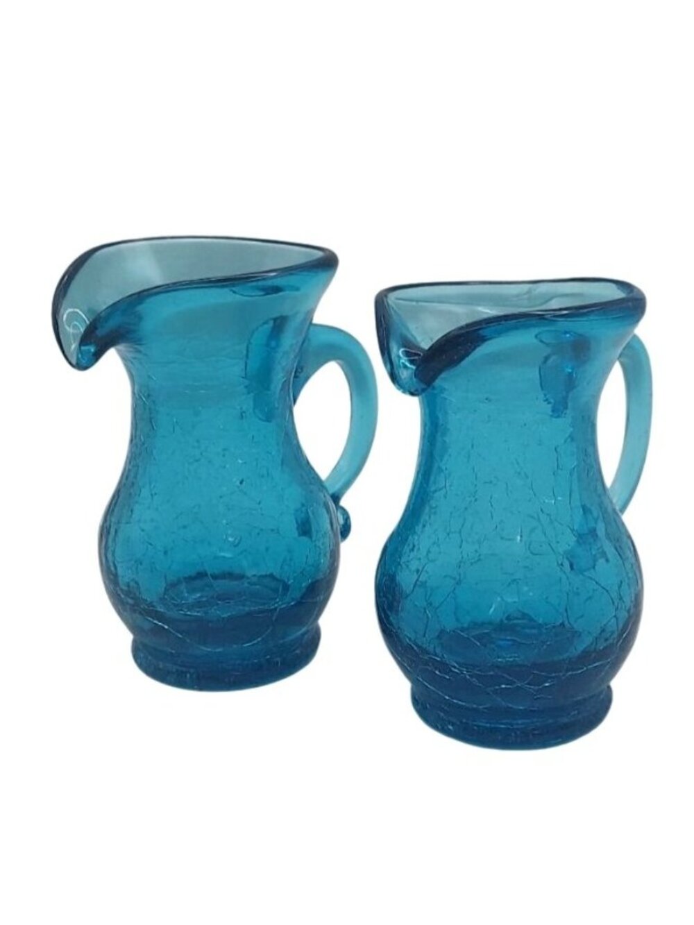 Pilgrim Hand Blown Teal Turquoise Crackle Glass Mini Pitcher Set Of 2 Vintage